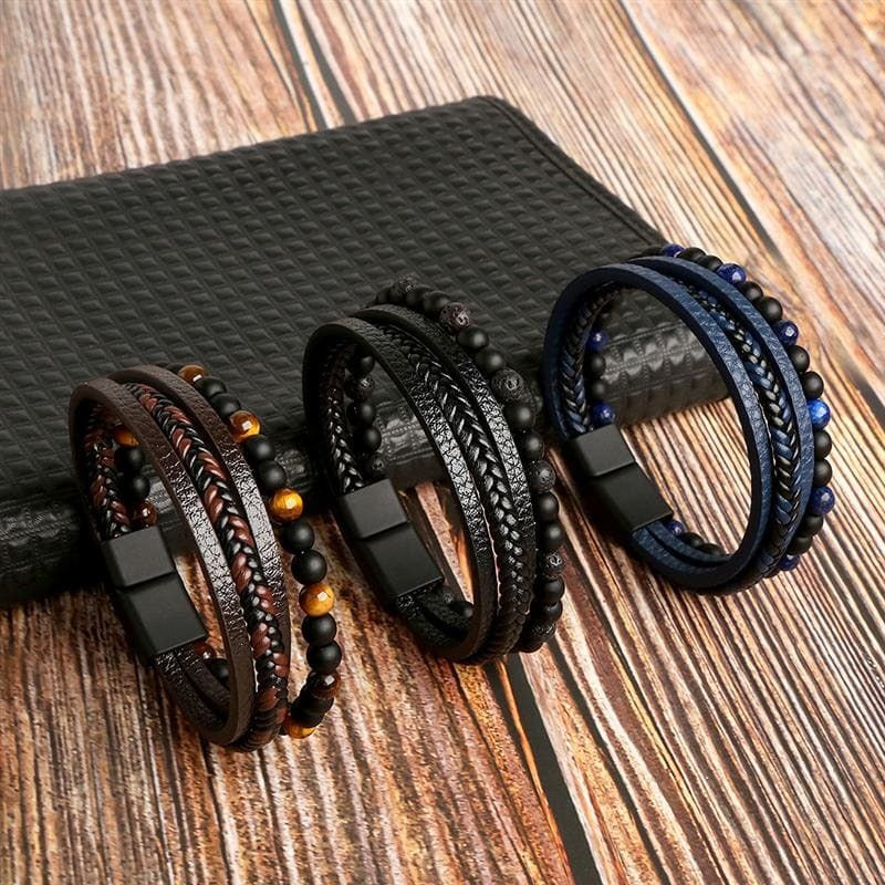 Hochwertiges Lederarmband für Männer - Stilvolles Bling mit Edelsteinen und Charms