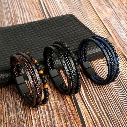 Hochwertiges Lederarmband für Männer - Stilvolles Bling mit Edelsteinen und Charms